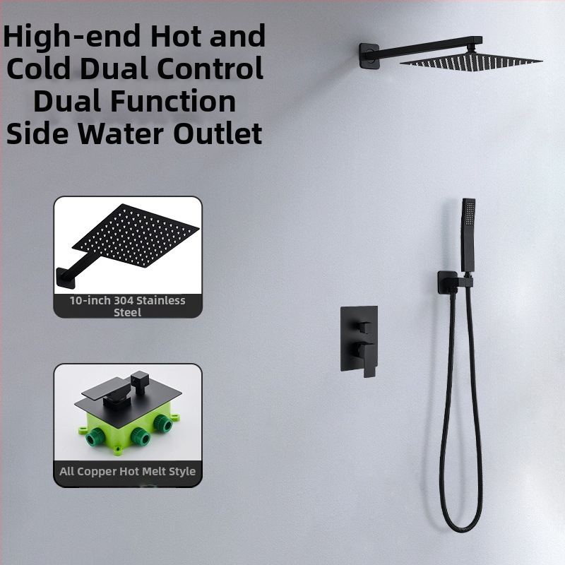 Skrytý sprchový set na stenu — meď; funkcie: postrek, masáž, dažďová sprcha; tvar štvorcový; štýl: moderný minimalistický; ovládanie: dvojitá rukoväť