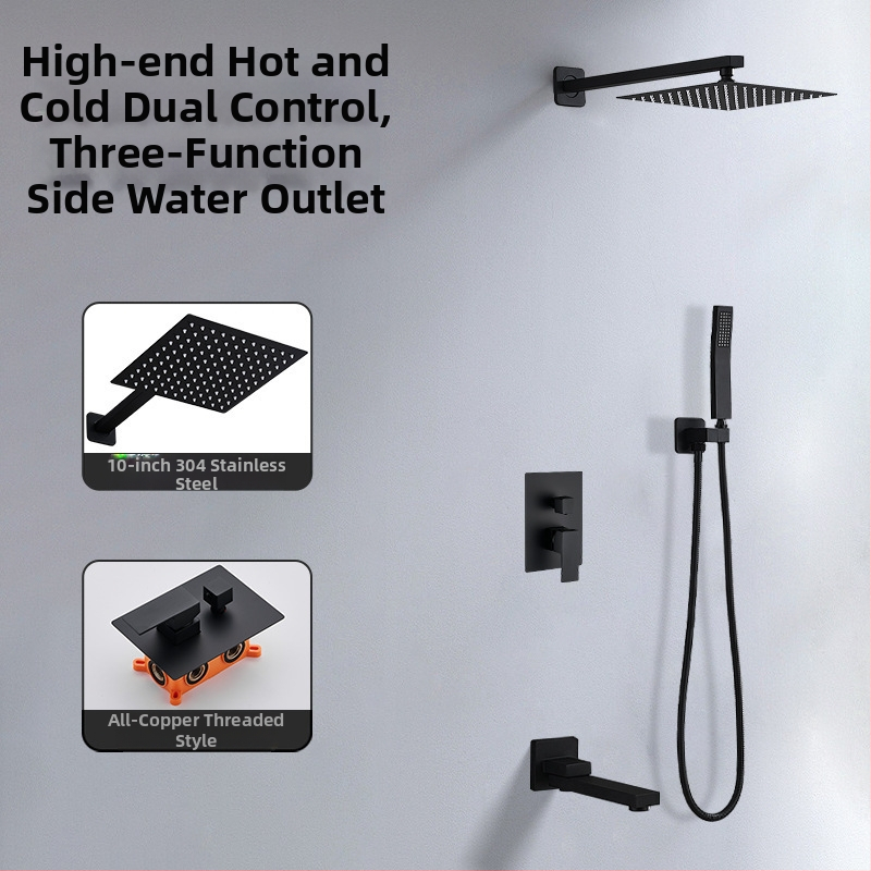 Skrytý sprchový set na stenu — meď; funkcie: postrek, masáž, dažďová sprcha; tvar štvorcový; štýl: moderný minimalistický; ovládanie: dvojitá rukoväť