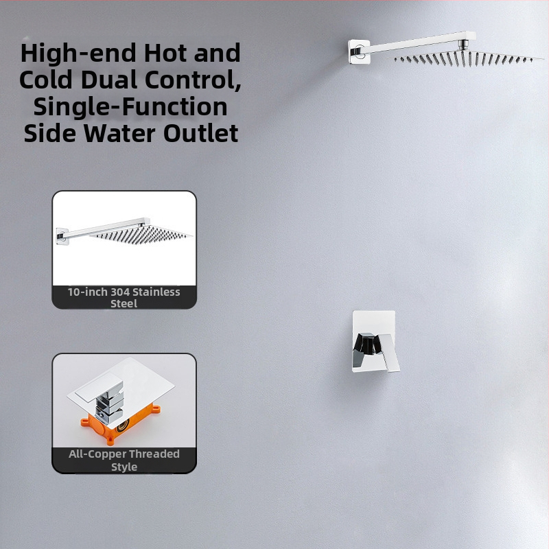 Skrytý sprchový set na stenu — meď; funkcie: postrek, masáž, dažďová sprcha; tvar štvorcový; štýl: moderný minimalistický; ovládanie: dvojitá rukoväť