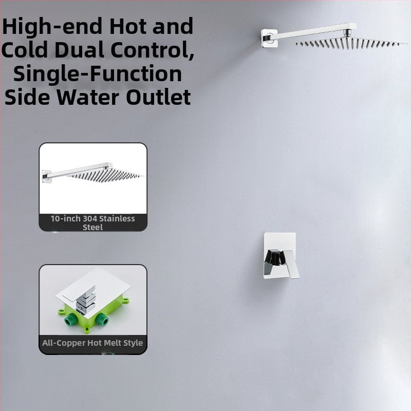 Skrytý sprchový set na stenu — meď; funkcie: postrek, masáž, dažďová sprcha; tvar štvorcový; štýl: moderný minimalistický; ovládanie: dvojitá rukoväť