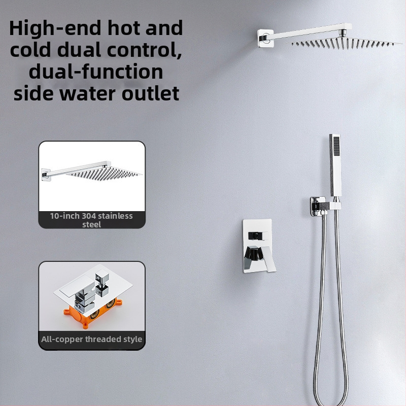 Skrytý sprchový set na stenu — meď; funkcie: postrek, masáž, dažďová sprcha; tvar štvorcový; štýl: moderný minimalistický; ovládanie: dvojitá rukoväť