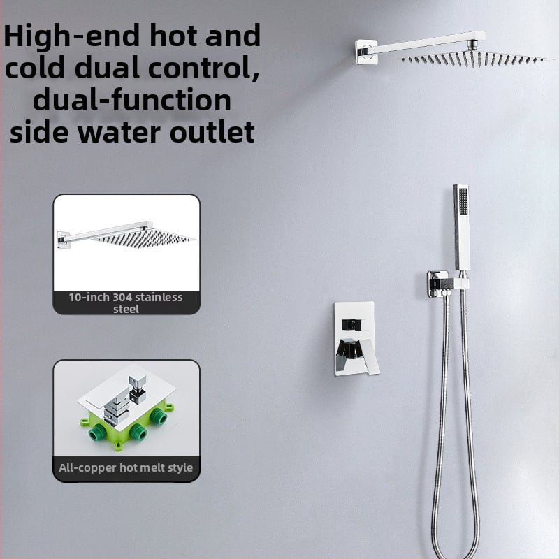 Skrytý sprchový set na stenu — meď; funkcie: postrek, masáž, dažďová sprcha; tvar štvorcový; štýl: moderný minimalistický; ovládanie: dvojitá rukoväť