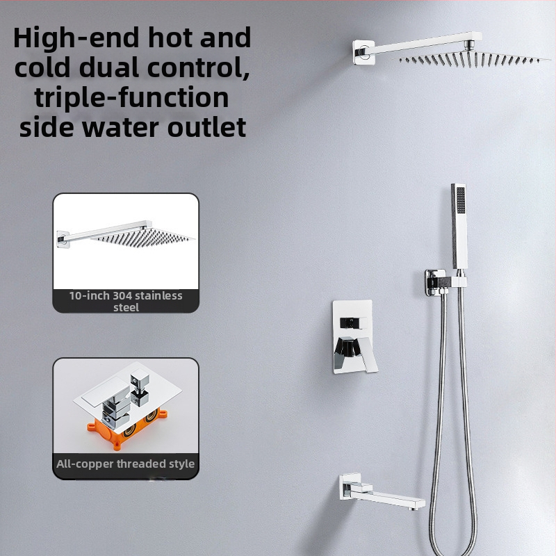 Skrytý sprchový set na stenu — meď; funkcie: postrek, masáž, dažďová sprcha; tvar štvorcový; štýl: moderný minimalistický; ovládanie: dvojitá rukoväť