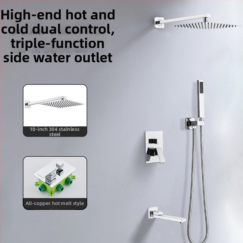 Skrytý sprchový set na stenu — meď; funkcie: postrek, masáž, dažďová sprcha; tvar štvorcový; štýl: moderný minimalistický; ovládanie: dvojitá rukoväť