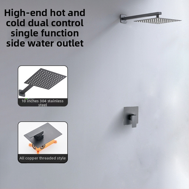 Skrytý sprchový set na stenu — meď; funkcie: postrek, masáž, dažďová sprcha; tvar štvorcový; štýl: moderný minimalistický; ovládanie: dvojitá rukoväť