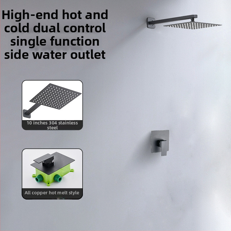 Skrytý sprchový set na stenu — meď; funkcie: postrek, masáž, dažďová sprcha; tvar štvorcový; štýl: moderný minimalistický; ovládanie: dvojitá rukoväť