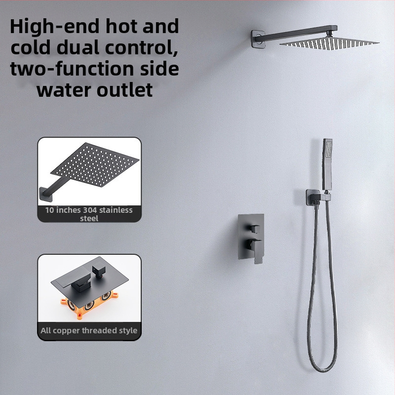 Skrytý sprchový set na stenu — meď; funkcie: postrek, masáž, dažďová sprcha; tvar štvorcový; štýl: moderný minimalistický; ovládanie: dvojitá rukoväť