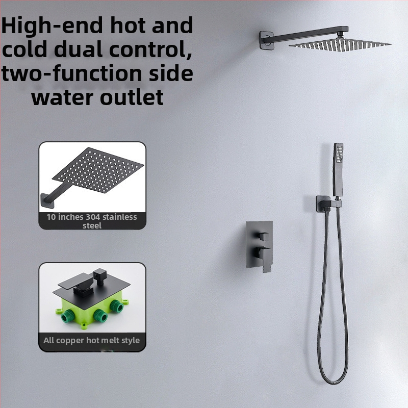 Skrytý sprchový set na stenu — meď; funkcie: postrek, masáž, dažďová sprcha; tvar štvorcový; štýl: moderný minimalistický; ovládanie: dvojitá rukoväť