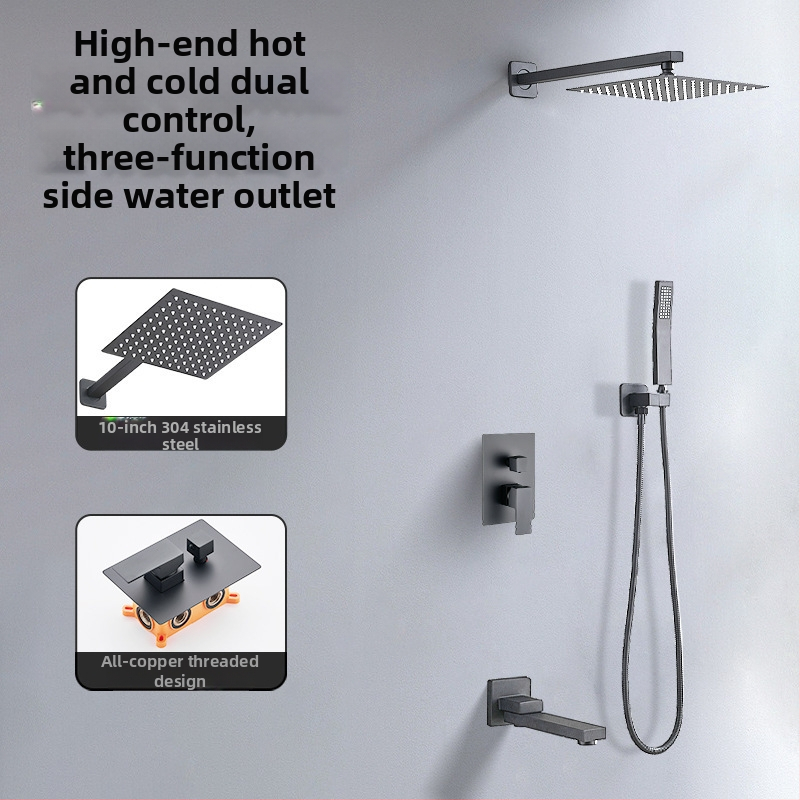 Skrytý sprchový set na stenu — meď; funkcie: postrek, masáž, dažďová sprcha; tvar štvorcový; štýl: moderný minimalistický; ovládanie: dvojitá rukoväť