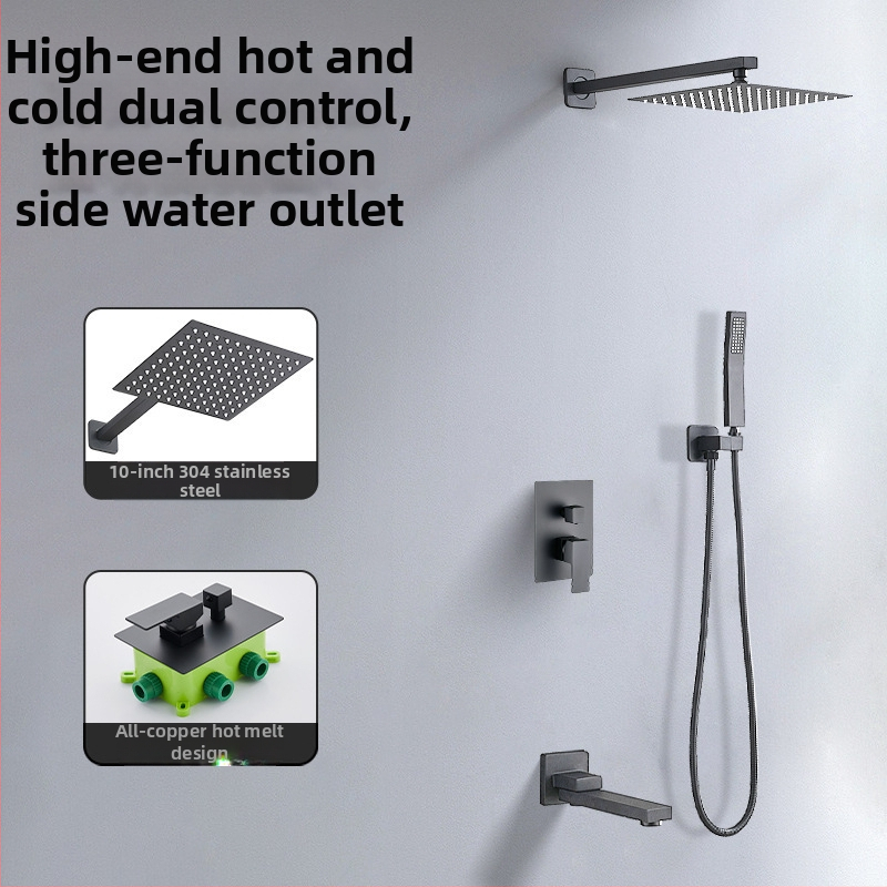 Skrytý sprchový set na stenu — meď; funkcie: postrek, masáž, dažďová sprcha; tvar štvorcový; štýl: moderný minimalistický; ovládanie: dvojitá rukoväť