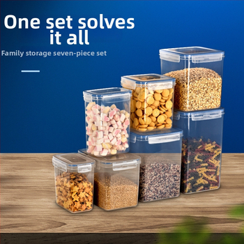 Sedemdielny uzavretý set nádob na uskladnenie zŕn, PP plast, štvorcový tvar, kapacita nad 5 litrov, bez zápachu