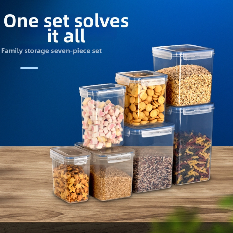 Sedemdielny uzavretý set nádob na uskladnenie zŕn, PP plast, štvorcový tvar, kapacita nad 5 litrov, bez zápachu