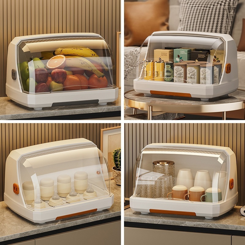 Box na skladovanie misiek a paličiek s vekom a odkvapkávacím stojanom na taniere – nástenný, plastový, bez inštalácie