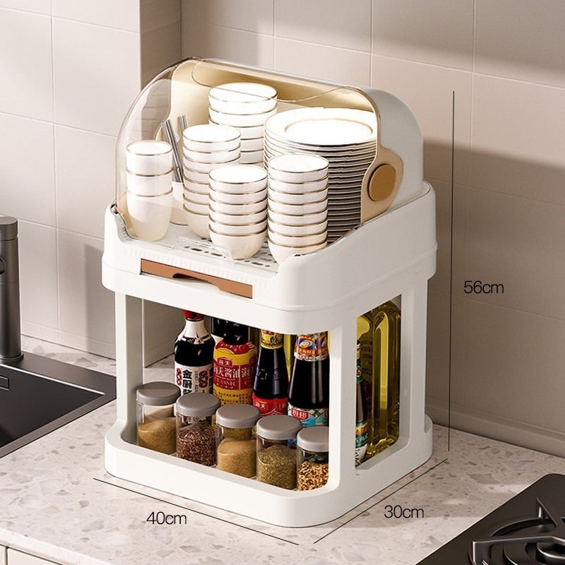 Box na skladovanie misiek a paličiek s vekom a odkvapkávacím stojanom na taniere – nástenný, plastový, bez inštalácie