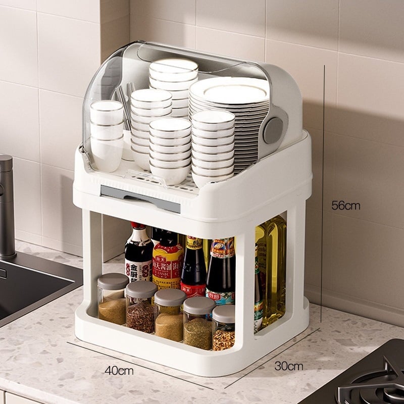 Box na skladovanie misiek a paličiek s vekom a odkvapkávacím stojanom na taniere – nástenný, plastový, bez inštalácie