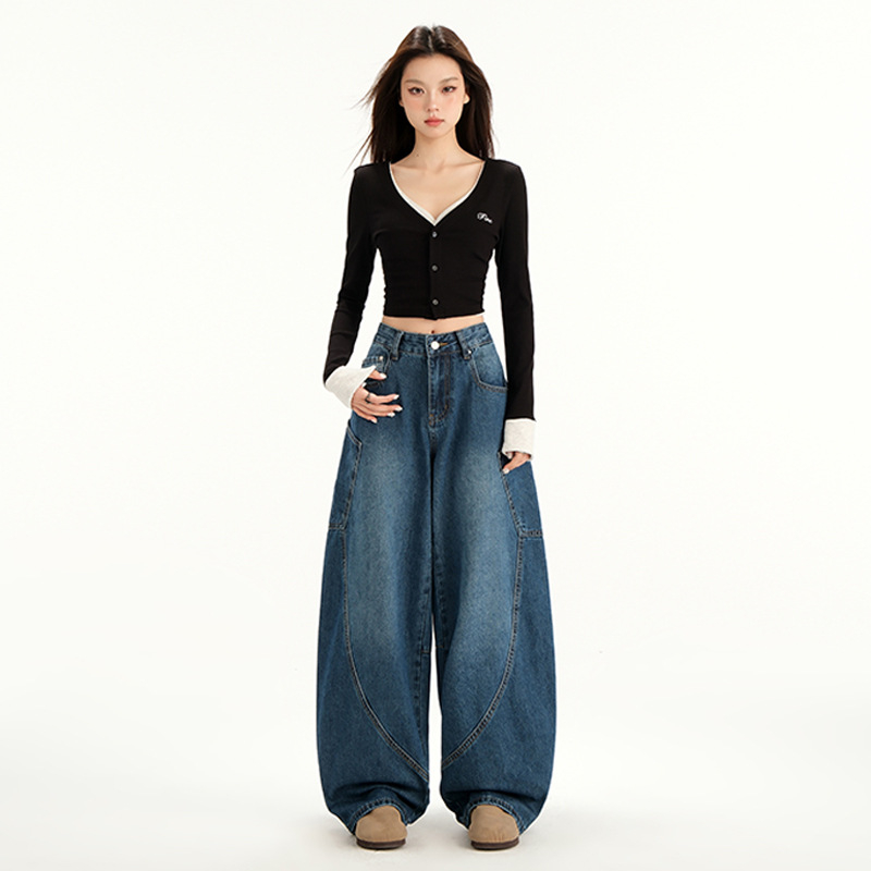Traperice od denima, visoki pojas, široke nogavice, Machete Denim, šivanje slova, srednja debljina