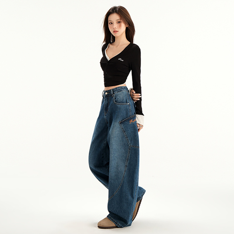 Traperice od denima, visoki pojas, široke nogavice, Machete Denim, šivanje slova, srednja debljina