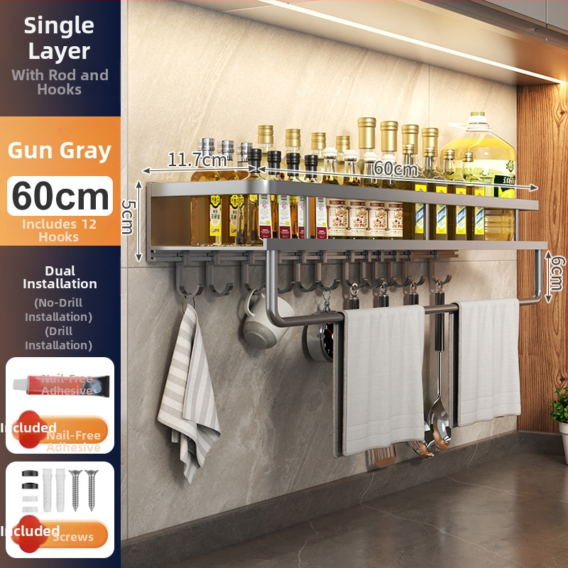 Kuchynský stenový regál zo Space hliníka, multifunkčný s držiakom na nože (bez montáže)