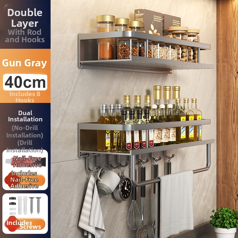 Kuchynský stenový regál zo Space hliníka, multifunkčný s držiakom na nože (bez montáže)