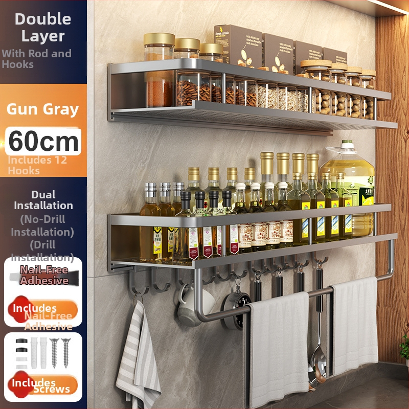 Kuchynský stenový regál zo Space hliníka, multifunkčný s držiakom na nože (bez montáže)