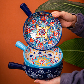 Πορσελάνινο μπολ σαλάτας με λαβή, μοτίβο φυτών, στρογγυλό σχήμα, κατάλληλο για φούρνο μικροκυμάτων