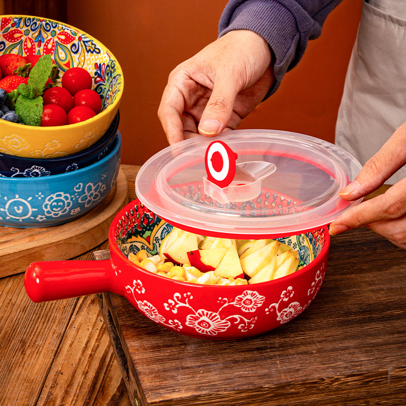 Πορσελάνινο μπολ σαλάτας με λαβή, μοτίβο φυτών, στρογγυλό σχήμα, κατάλληλο για φούρνο μικροκυμάτων