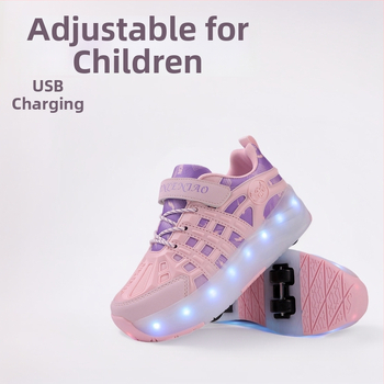Detské rozťahovacie štvorkolové tenisky s USB nabíjateľnými LED svetlami, PU kolieska s dvojradovým usporiadaním
