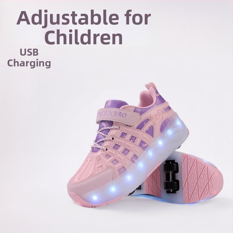 Detské rozťahovacie štvorkolové tenisky s USB nabíjateľnými LED svetlami, PU kolieska s dvojradovým usporiadaním