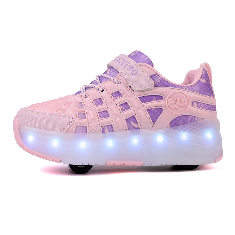 Detské rozťahovacie štvorkolové tenisky s USB nabíjateľnými LED svetlami, PU kolieska s dvojradovým usporiadaním