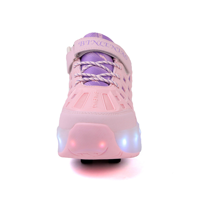 Detské rozťahovacie štvorkolové tenisky s USB nabíjateľnými LED svetlami, PU kolieska s dvojradovým usporiadaním