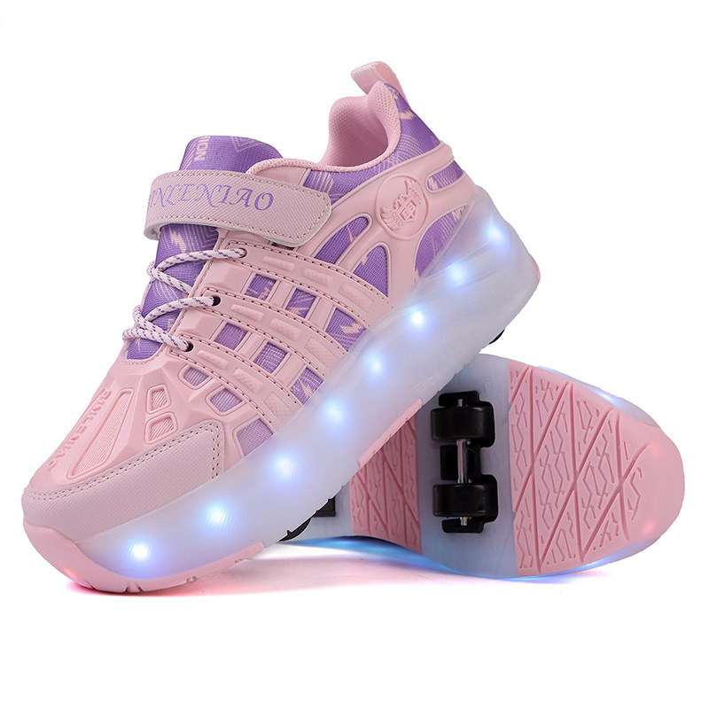 Detské rozťahovacie štvorkolové tenisky s USB nabíjateľnými LED svetlami, PU kolieska s dvojradovým usporiadaním