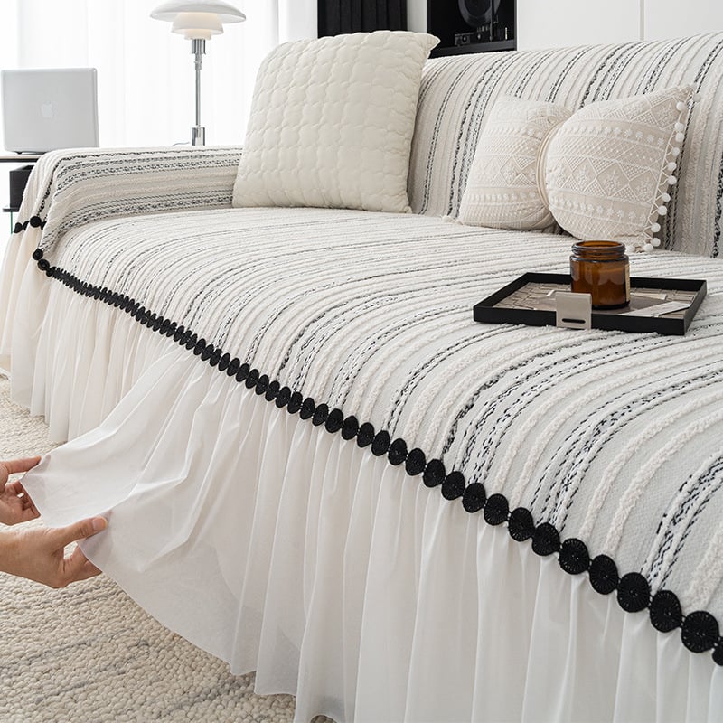 Poťah na sedačku z chenille, univerzálny pre všetky sezóny, pruhovaný vzor, ľahký luxusný štýl, tvar doily