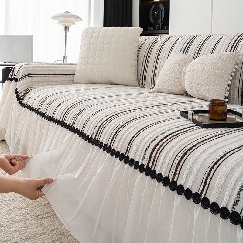 Poťah na sedačku z chenille, univerzálny pre všetky sezóny, pruhovaný vzor, ľahký luxusný štýl, tvar doily