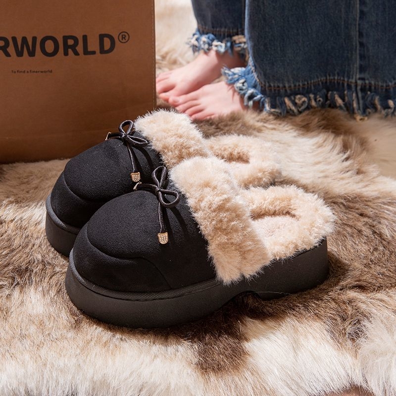 Moteriškos šlepetės su dirbtinio zomšos viršutine dalimi, uždaras pirštas, vidinis pūkų pamušalas, PVC padas žiemai ir rudeniui