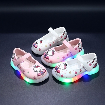 Meiteņu gaismas kurpes princeses stilā – vieglas, PU augšdaļa, TPR zole, Velcro aizdare, zemais siluets, karikatūras raksts