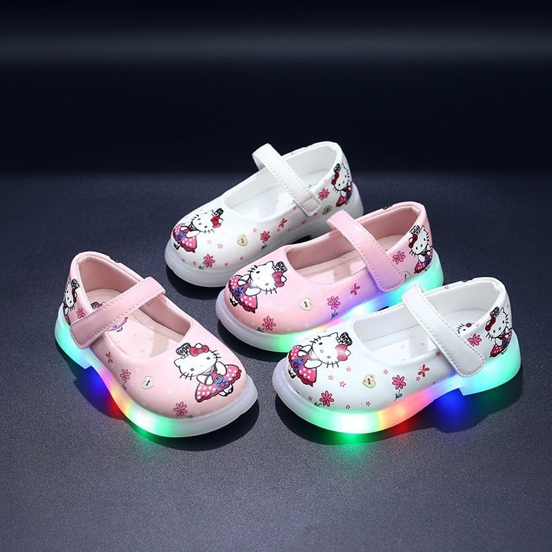 Meiteņu gaismas kurpes princeses stilā – vieglas, PU augšdaļa, TPR zole, Velcro aizdare, zemais siluets, karikatūras raksts