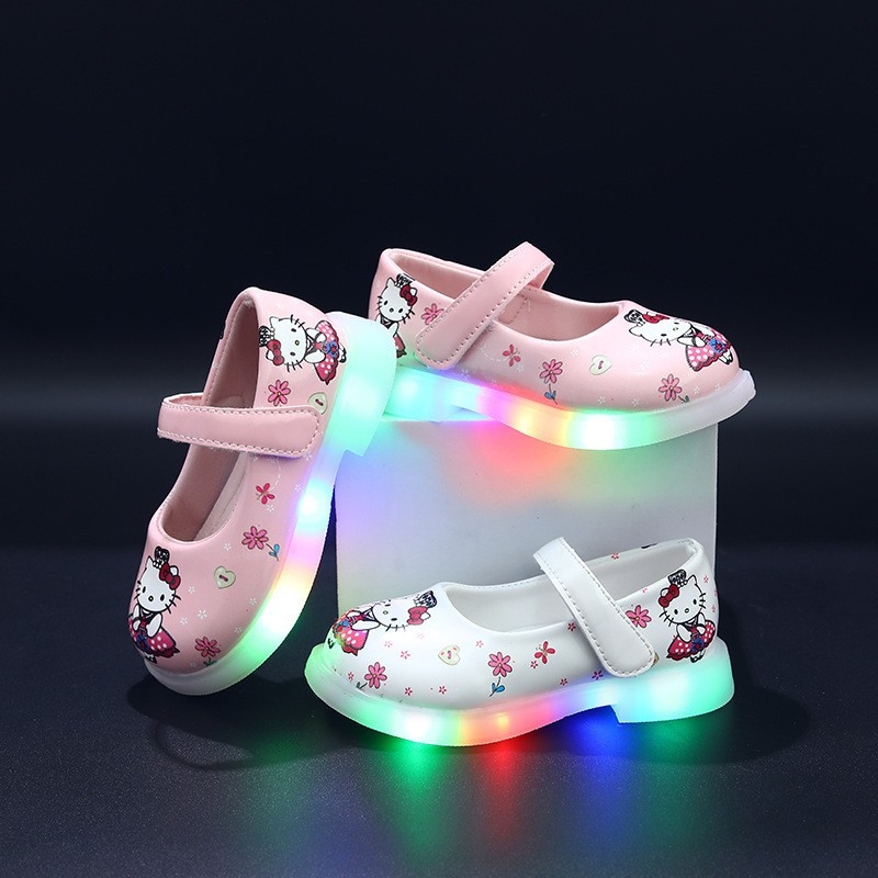 Meiteņu gaismas kurpes princeses stilā – vieglas, PU augšdaļa, TPR zole, Velcro aizdare, zemais siluets, karikatūras raksts