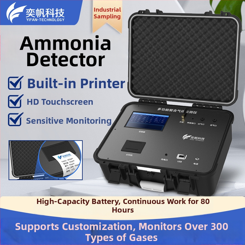 Prenosný detektor amoniaku a zápachu, model YF-900A — meria TVOC, toxické plyny a zápach; presnosť <±3% FS; napájanie 12V DC; prevádzková teplota -20 až 60°C