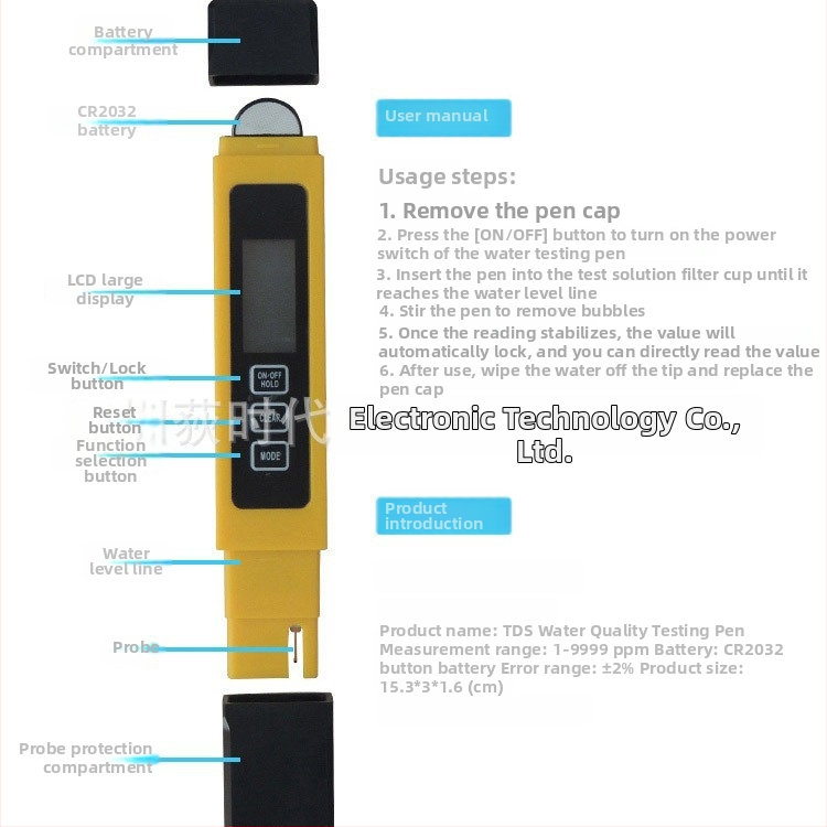 Pārnēsājamais TDS/EC ūdens kvalitātes mērītājs ar aizmugures apgaismojumu — EC004, 0–9999 ppm, ±2% precizitāte, mēra smagos metālus un kopējo cietību