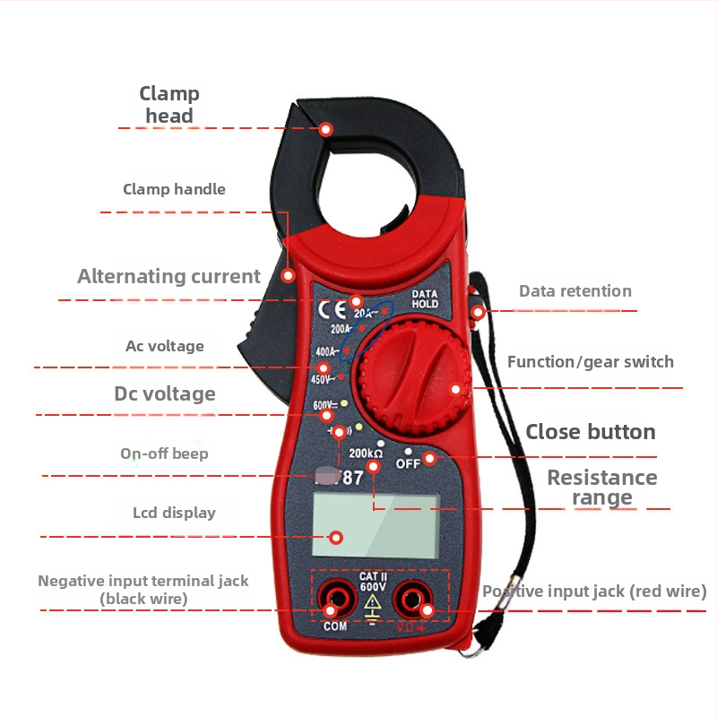 Digitālais klemmeters: mērījumi spriegumam, strāvai, pretestībai un kontinuitātes skaņas signāls ar pīkstienu; zīmols QST EXPRESS; licencēta privāta zīme.