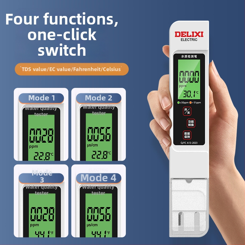 Delixi DLX-GM766 Pārvietojams ūdens kvalitātes analizators – TDS mērītājs krāna ūdenim un dzeramajam ūdenim, mērījumu diapazons 0-9990 ppm, precizitāte ±2% FS, barošanas avots 3V