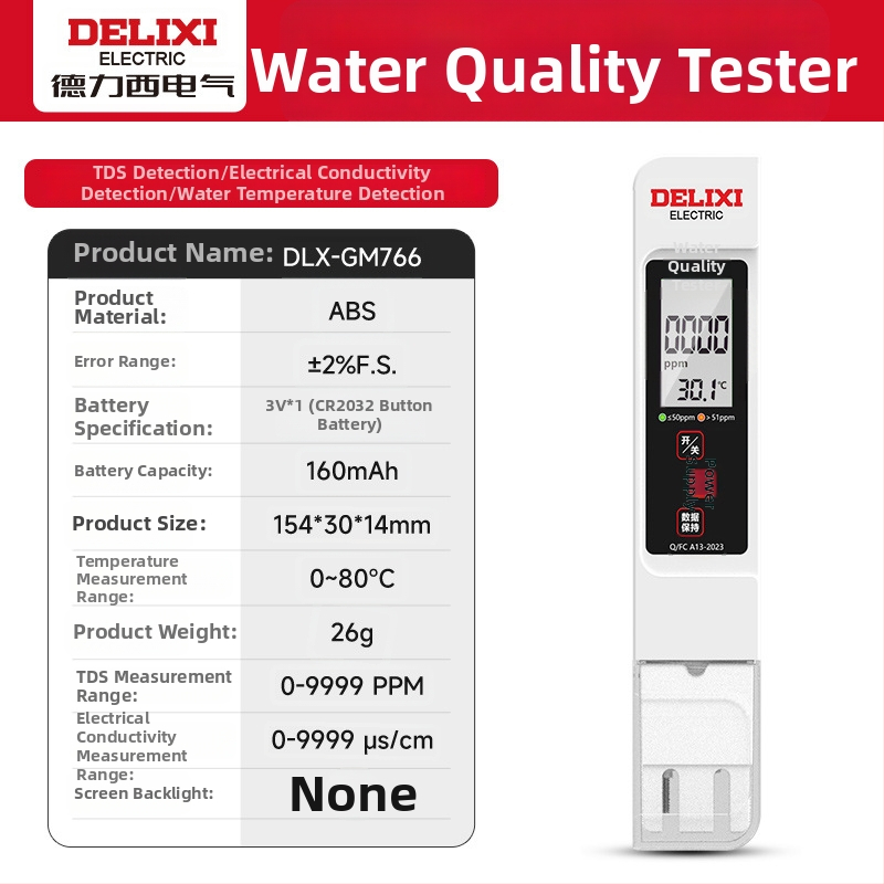 Delixi DLX-GM766 Prenosný analyzátor kvality vody – TDS merač pre vodu z kohútika a pitnú vodu, rozsah merania 0-9990 ppm, presnosť ±2% FS, napájanie 3V