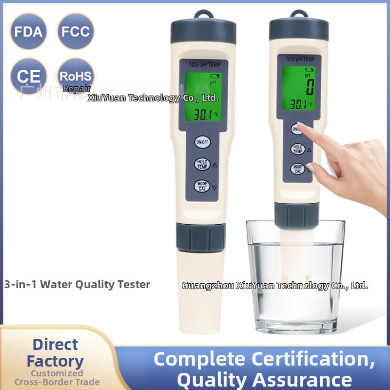 Prenosný analyzátor kvality vody 3v1 (TDS/pH/TEMP) s podsvietením, model EC016bl, rozsah 0.00–14.00, presnosť 0.01, napájanie 3×1.5V