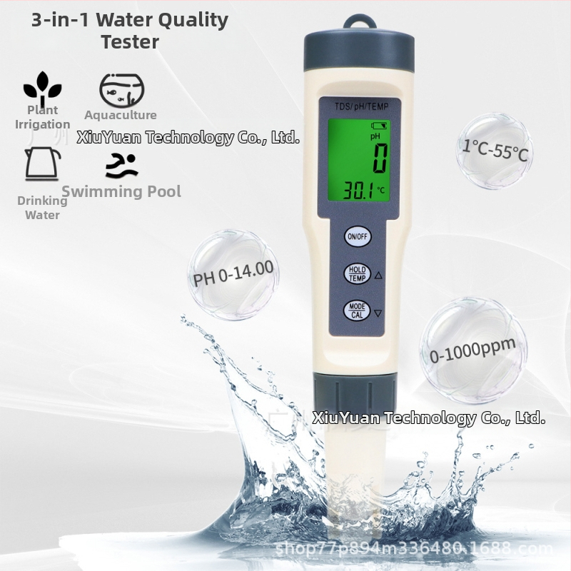 Prenosný analyzátor kvality vody 3v1 (TDS/pH/TEMP) s podsvietením, model EC016bl, rozsah 0.00–14.00, presnosť 0.01, napájanie 3×1.5V