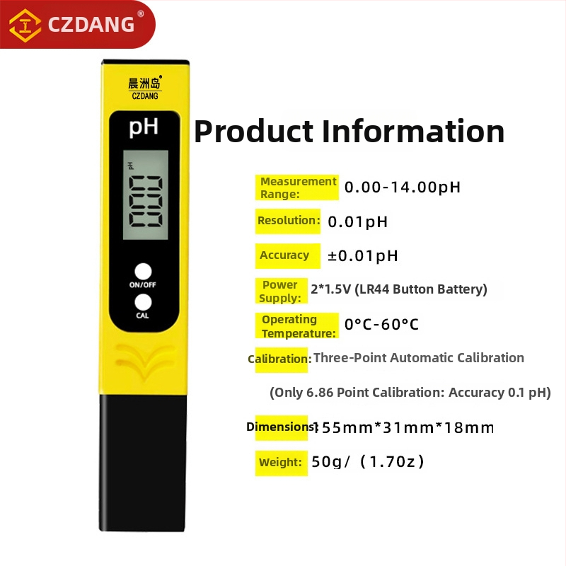 Chenzhou Island Prenosný analyzátor kvality vody pre meranie pH a slanosti – rozsah pH 0.0–14.0, presnosť 0.1 pH, napájanie 3V