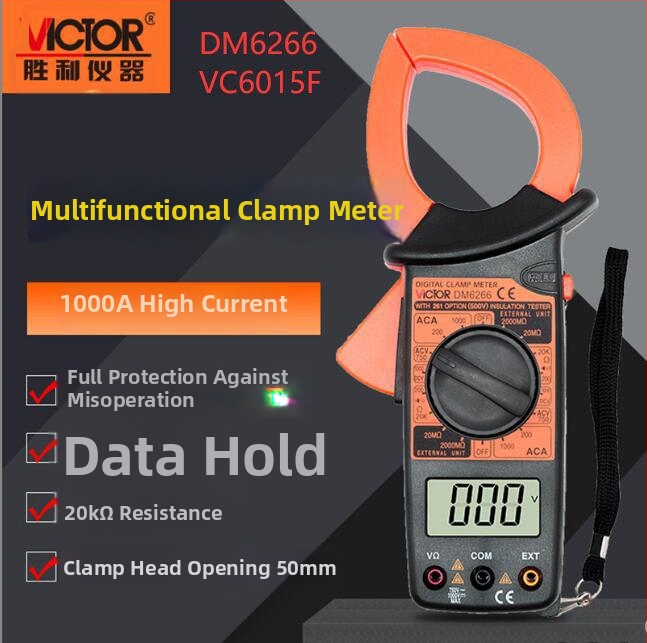 Digitálny kleštinový ampermeter DM6266/VC6015F — meria prúd až do 1000 A, napätie až do 1000 V, odpor až do 10000 Ω, automatické rozsahy, displej 9999 bodov