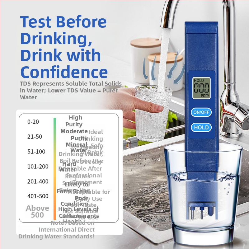 Pārnēsājamais ūdens kvalitātes analizators TDS-H1A: darbības diapazons 0–9990 ppm, precizitāte 1 ppm, barošana 3V
