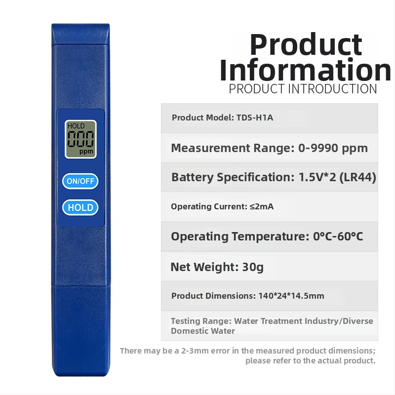 Pārnēsājamais ūdens kvalitātes analizators TDS-H1A: darbības diapazons 0–9990 ppm, precizitāte 1 ppm, barošana 3V