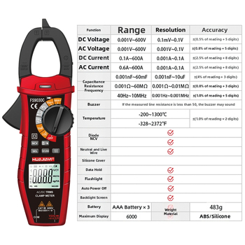 DC klampmeter s rozsahom 600 A, napätie 600 V, odpor 60 MΩ, otvor čeľuste 37.5 mm
