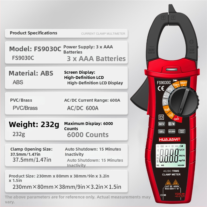 DC klampmeter s rozsahom 600 A, napätie 600 V, odpor 60 MΩ, otvor čeľuste 37.5 mm